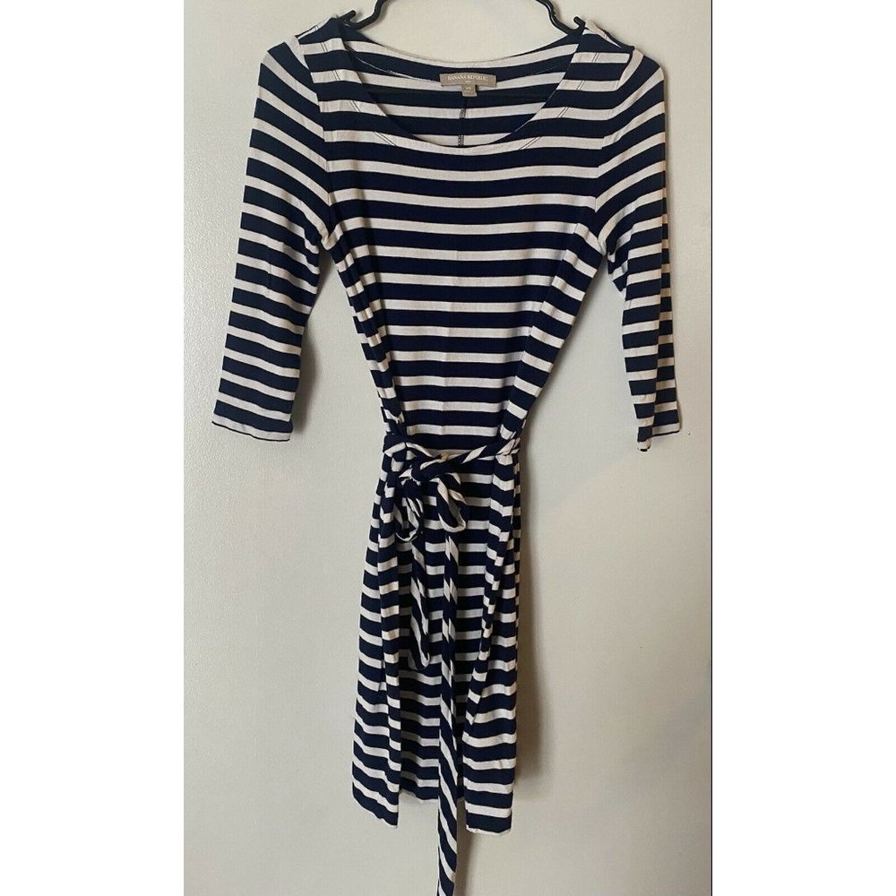 BANANA REPUBLIC Womens Sz XS Navy Blue White Striped Jersey Dress Belt Nautical
